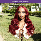 99j Burgundy Lace Front Wigs Human Hair, 13x4 99j Transparent Lace Frontal Human Hair Wigs Pre Plucked with Baby Hair 180% Density Wine Red Colored Body Wave Human Hair Wigs 22inch