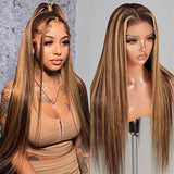 Highlight Ombre Lace Front Wig Human Hair, 13x4 Straight 4/27 Honey Blonde HD Lace Front Wig Human Hair Pre Plucked 150% Density Colored Lace Front Wigs for Black Women 26Inch