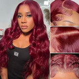 99j Burgundy Lace Front Wigs Human Hair, 13x4 99j Transparent Lace Frontal Human Hair Wigs Pre Plucked with Baby Hair 180% Density Wine Red Colored Body Wave Human Hair Wigs 22inch