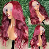 99j Burgundy Lace Front Wigs Human Hair, 13x4 99j Transparent Lace Frontal Human Hair Wigs Pre Plucked with Baby Hair 180% Density Wine Red Colored Body Wave Human Hair Wigs 22inch