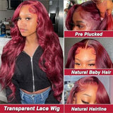 99j Burgundy Lace Front Wigs Human Hair, 13x4 99j Transparent Lace Frontal Human Hair Wigs Pre Plucked with Baby Hair 180% Density Wine Red Colored Body Wave Human Hair Wigs 22inch