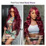 99j Burgundy Lace Front Wigs Human Hair, 13x4 99j Transparent Lace Frontal Human Hair Wigs Pre Plucked with Baby Hair 180% Density Wine Red Colored Body Wave Human Hair Wigs 22inch