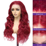 99j Burgundy Lace Front Wigs Human Hair, 13x4 99j Transparent Lace Frontal Human Hair Wigs Pre Plucked with Baby Hair 180% Density Wine Red Colored Body Wave Human Hair Wigs 22inch