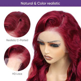 99j Burgundy Lace Front Wigs Human Hair, 13x4 99j Transparent Lace Frontal Human Hair Wigs Pre Plucked with Baby Hair 180% Density Wine Red Colored Body Wave Human Hair Wigs 22inch